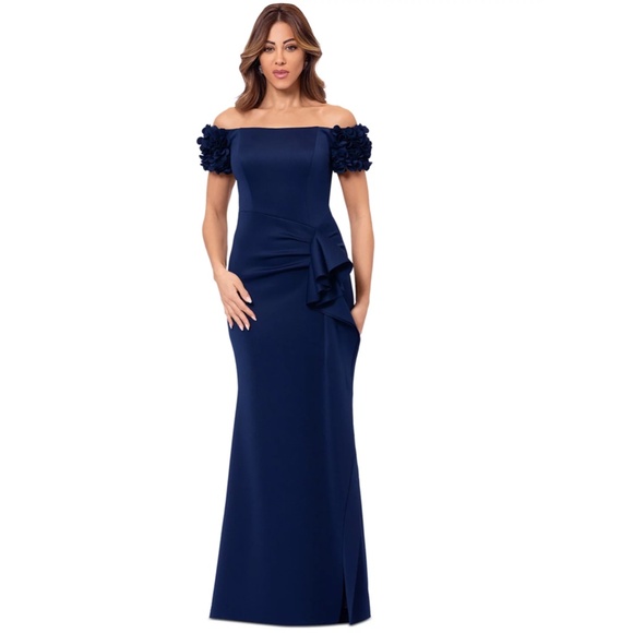 NEW XSCAPE Navy ROSETTE Floral SLEEVE Off The Shoulder RUCHED Scuba Crepe GOWN 6 - Picture 14 of 16